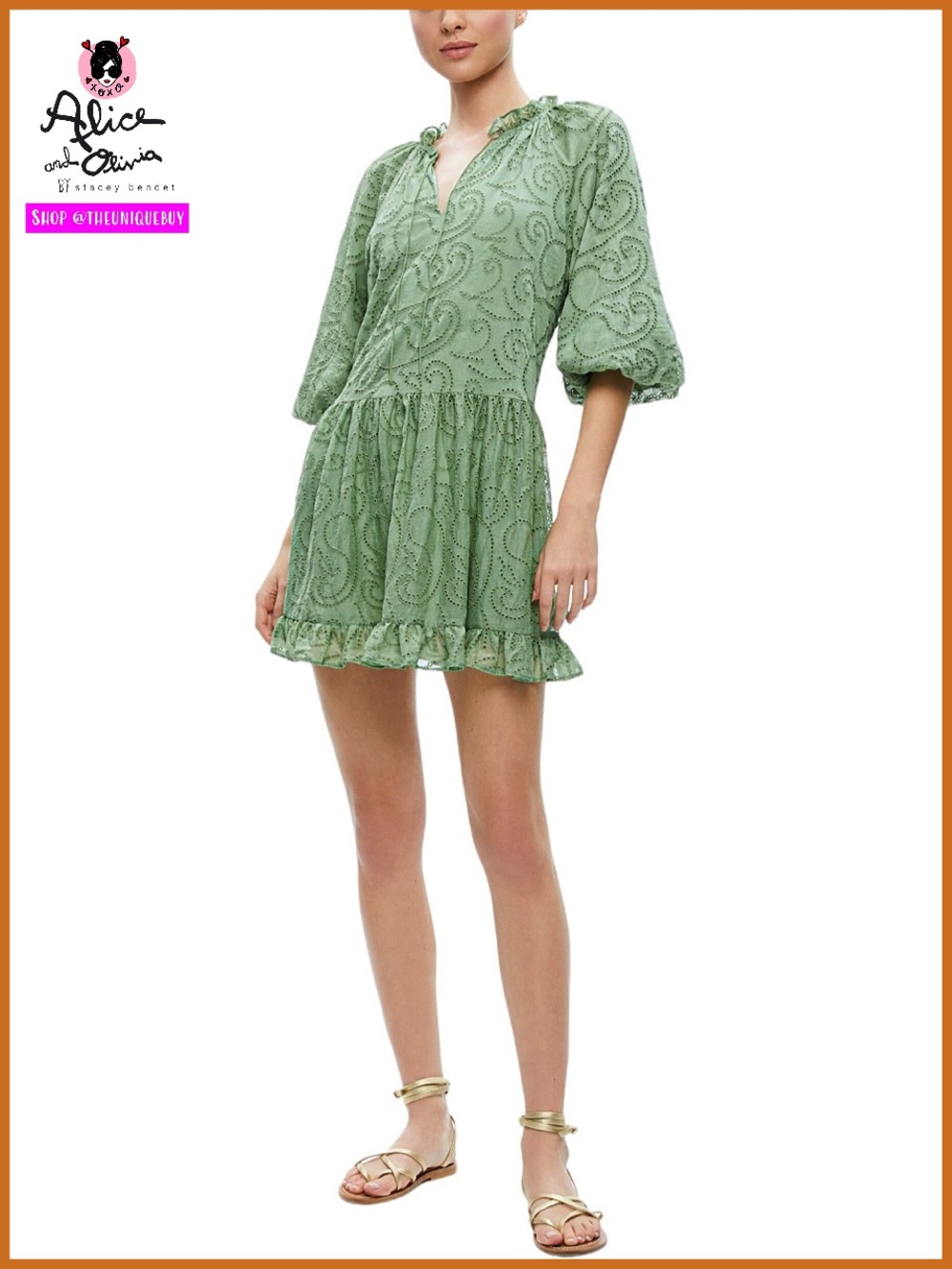 Alice + Olivia Sherrie Sage Green Eyelet Gathered Tunic Mini Dress